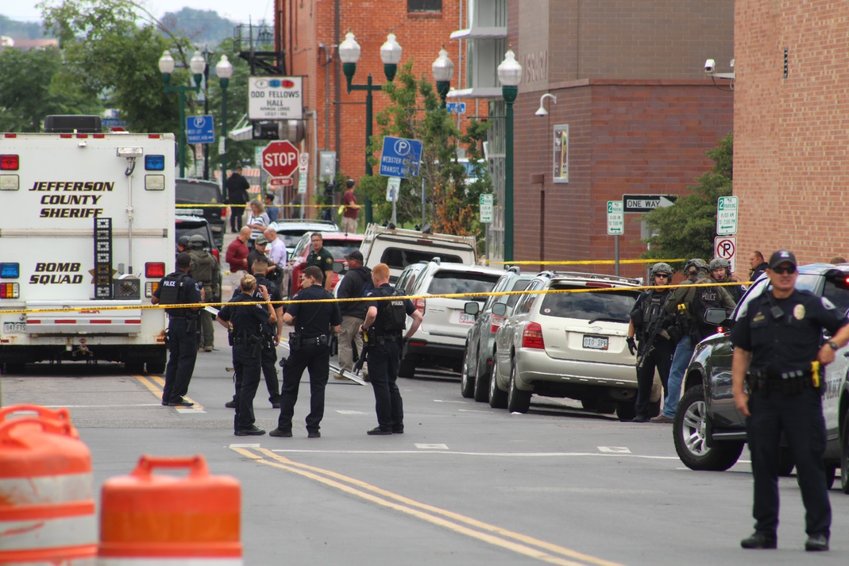 The scene in Olde Town Arvada on the afternoon of June 21, following reports of a shooing and a wounded police officer.